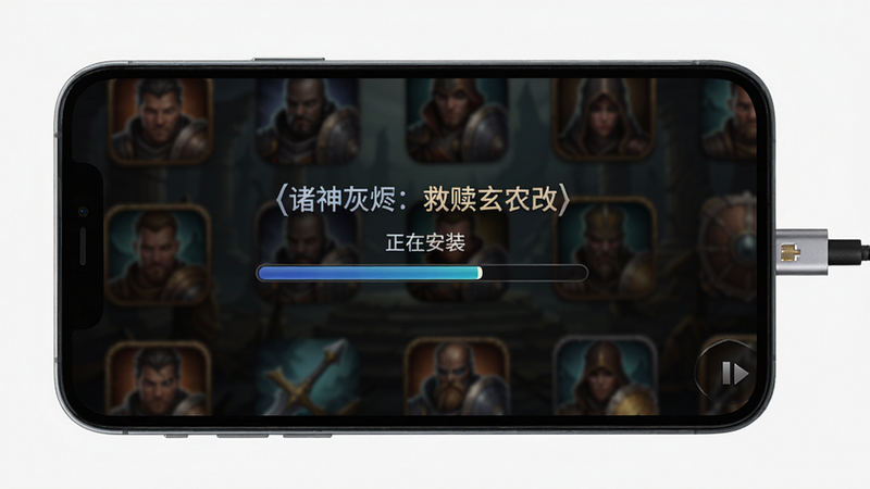 游戏《诸神灰烬:救赎玄农改》的安装界面截图,手机屏幕显示安装进度条,背景模糊的游戏图标,UI简洁,提示“正在安装”,手机侧边有充电线,干净明亮,画质高清,主体突出。
