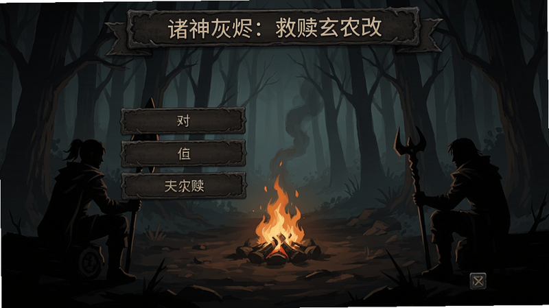游戏《诸神灰烬:救赎玄农改》的剧情选择界面,屏幕上显示两个选项,背景是阴森的森林和篝火,角色剪影位于两侧,UI风格古朴,文字清晰,暗色调,构图稳重,细节丰富,画质高清干净。