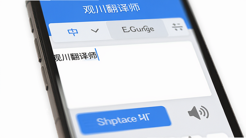 一张手机屏幕展示“观川翻译师”主界面,顶部有中英语言选择框,中间是白色文本输入区域,下方有蓝色翻译按钮和灰色语音图标,整体采用蓝白配色,扁平化设计,画质清晰,干净无多余元素