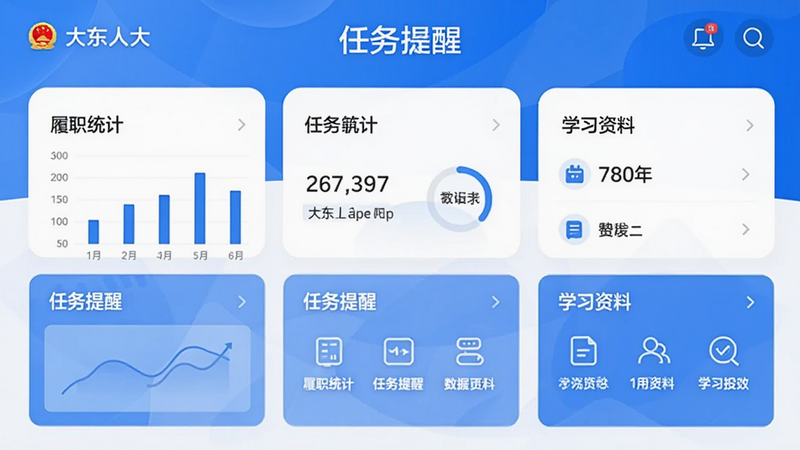 展示“大东人大”APP代表履职界面,显示履职统计、任务提醒、学习资料等模块,界面以蓝色和白色为主,画质干净,布局分区明确
