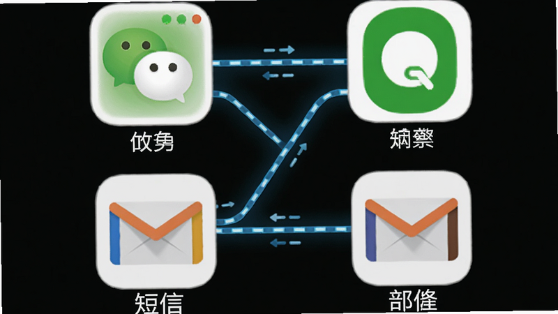 主体为获客消息群发多平台适配示意图,布局居中排列微信、QQ、短信、邮件四个图标,图标下方标注平台名称,排版对称,风格图标化,细节包括连接线表示同步,画质干净明亮