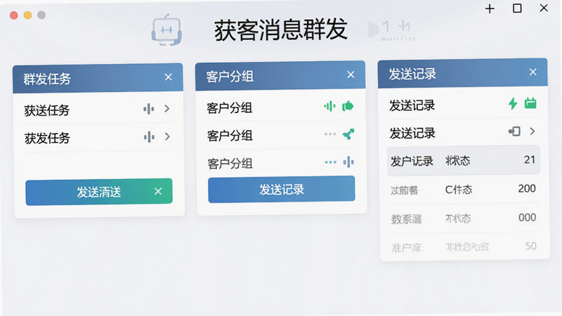 主体为获客消息群发软件主界面截图,布局居中,顶部显示软件名称“获客消息群发”,下方排列群发任务、客户分组、发送记录三大模块,排版简洁清晰,风格现代商务,细节包括发送按钮和状态图标,画质高清干净无多余元素
