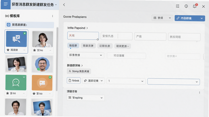 主体为获客消息群发新建群发任务界面,布局左侧为模板库,右侧为内容编辑区,排版左右分栏,风格扁平化,细节包括输入框、标签选择器,画质高清整洁
