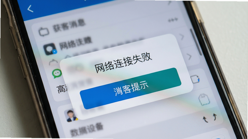 主体为手机屏幕显示获客消息群发错误提示界面,布局居中,错误弹窗包含“网络连接失败”文字,风格写实,细节包括手机边框和弹窗按钮,画质清晰无冗余元素