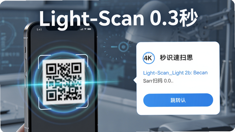 主体:秒识速扫王极速扫码功能演示;布局:左侧是一部手机正在扫描一个模糊的二维码,右侧弹出识别结果页面,显示链接和跳转按钮;排版:图片上方有“Light-Scan 0.3秒”字样;风格:科技感插画加轻度写实;细节:二维码上有光晕效果,手机屏幕高亮,结果页面干净简洁;画质:4K高清,无多余元素。