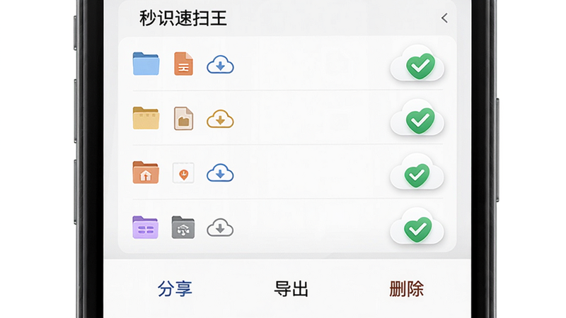 主体:秒识速扫王导出与云同步界面;布局:手机屏幕展示文件列表,每个文件右侧有一个云朵图标(已同步状态),底部有“分享”、“导出”、“删除”选项;排版:列表清爽,不同格式用不同颜色小图标区分;风格:扁平化加微动效;细节:云图标带绿色对勾表示同步成功;画质:高清。