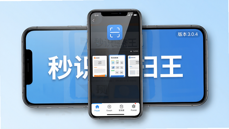 主体:秒识速扫王手机应用界面全貌展示;布局:居中放置一台手机,屏幕内显示软件主界面,上方有扫描按钮、中间有文档预览缩略图、底部是工具栏;排版:手机横屏或竖屏均可,背景为渐变浅蓝色,突出软件名称“秒识速扫王”字样;风格:高清写实,光线明亮,UI元素清晰可辨;细节:手机边缘有柔和阴影,屏幕反射自然光,右上角显示版本号3.0.4;画质:8K超清,干净无多余元素。