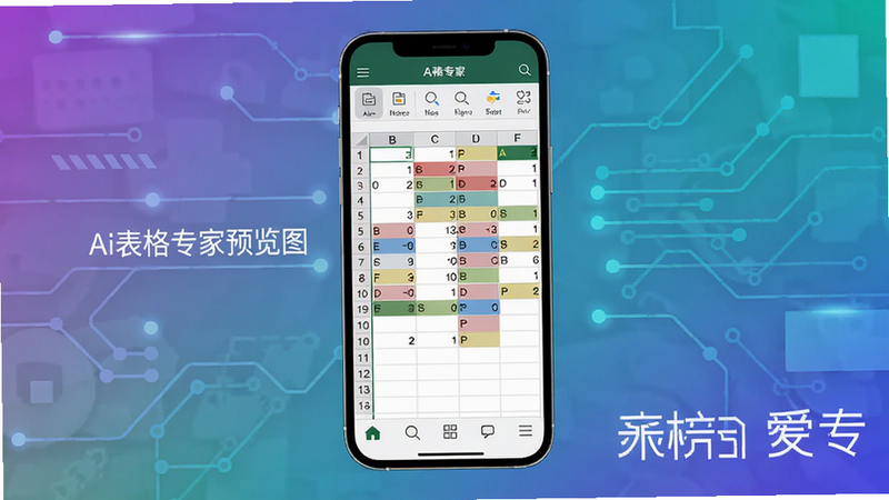 一张展示Ai表格专家软件主界面的图片,手机屏幕居中,显示一个包含多行多列数据的电子表格,部分单元格有颜色标记,上方有工具栏图标,底部有导航栏,背景为渐变色,整体风格简洁科技感,画质清晰,无多余元素,文字标注Ai表格专家预览图。