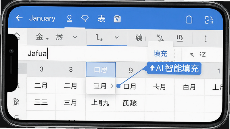 一张手机截图,显示Ai表格专家软件中智能填充功能的演示,用户在输入一月后,软件自动弹出填充建议,下方自动生成二月、三月等,界面清晰,标注AI智能填充。