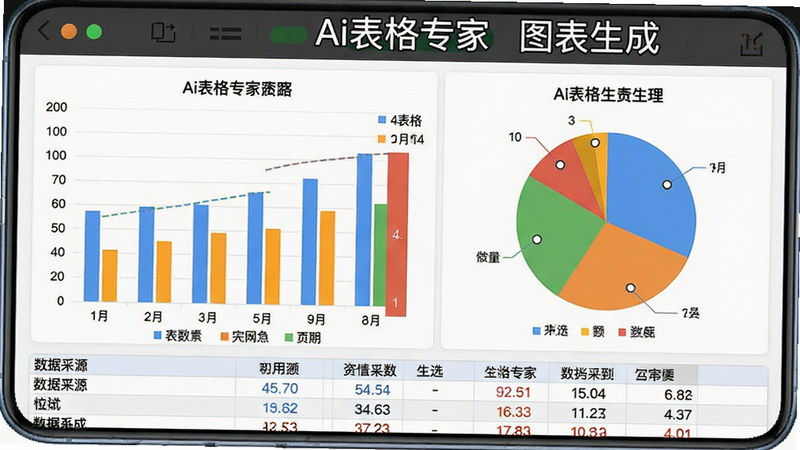 一张手机截图,展示Ai表格专家软件中生成的柱状图和饼图,数据清晰,色彩鲜艳,图表底部有数据源表格,界面简洁,文字标注Ai表格专家 图表生成。