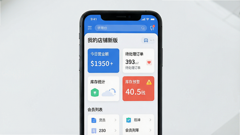 主体:手机屏幕展示“我的店铺新版”主界面,内容包括店铺收银台、库存统计、会员列表等核心模块。布局:居中展示手机模型,界面元素清晰排列。排版:文字区域标注“我的店铺新版”字样,功能图标采用扁平化设计。风格:现代简约,蓝白主色调,商务科技感。细节:界面包含“今日营业额”、“待处理订单”、“库存预警”等数据卡片。画质:高清,干净无多余元素。