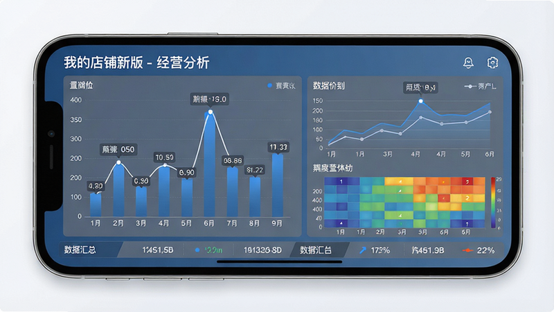 主体:手机横屏展示月度经营报表,包含柱状图、折线图、热力图。布局:图表左右排列,底部有数据汇总行。排版:标题“我的店铺新版 - 经营分析”居左,数据标注清晰。风格:现代商务报表风格,蓝灰配色。细节:图表中关键峰值点有标注。画质:高分辨率,干净利落。