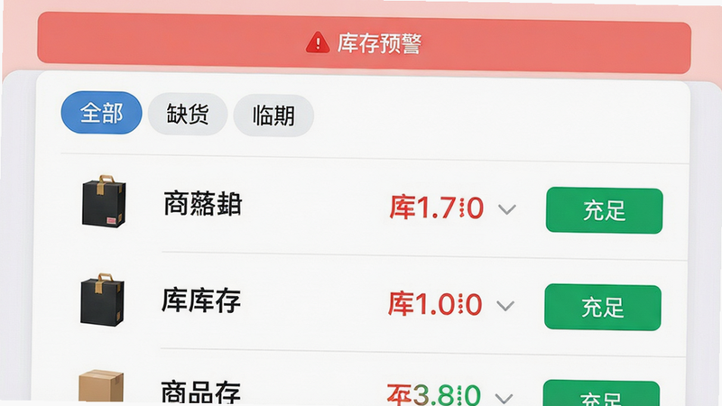 主体:手机端库存管理界面,显示商品列表及库存数量,顶部有“库存预警”红色提示。布局:列表式布局,每行包含商品图片、名称、库存数、操作按钮。排版:关键数据用不同颜色高亮,红色表示不足,绿色表示充足。风格:数据可视化,干净整洁。细节:筛选标签(全部、缺货、临期)置于顶部。画质:细腻,无多余干扰。