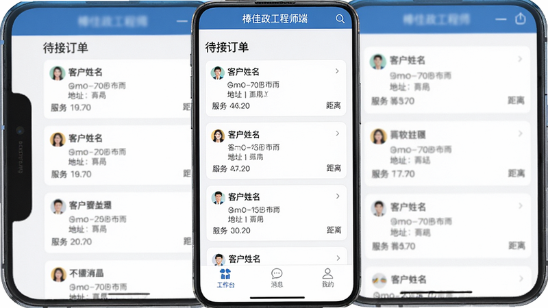 一张手机屏幕截图展示棒佳政工程师端主界面,顶部显示棒佳政工程师端标题,中间列出待接订单列表,每个订单卡片包含客户姓名、地址、服务类型和距离,底部导航栏有工作台、消息、我的三个标签,界面简洁清爽,画质高清,无多余元素。
