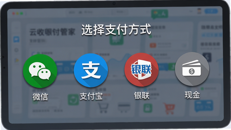 主体:云收银管家支付界面,展示多种支付方式图标;布局:顶部“选择支付方式”标题,下方排列微信、支付宝、银联、现金四个圆形图标,每个图标下方有文字说明;排版:水平居中排列,间距均匀;风格:清新商务风,图标带微阴影;细节:图标底色分别为绿色、蓝色、红色、灰色;画质:高清,干净,无多余元素。
