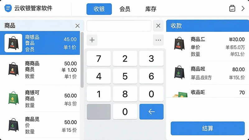 主体:云收银管家软件界面截图,显示收银主界面;布局:中间为数字键盘和商品列表,上方有“收银”“会员”“库存”功能标签;排版:左右分栏,左侧商品列表,右侧收款区域;风格:扁平化UI,蓝色主色调,白色背景;细节:商品名称、单价、数量清晰可见,底部有“结算”按钮;画质:高清,干净,无多余元素。