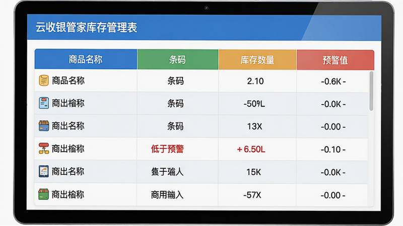 主体:云收银管家库存管理界面,显示商品列表;布局:表格形式,列包括商品名称、条码、库存数量、预警值;排版:表头带颜色背景,每行数据间隔分明;风格:数据表格风格,蓝色表头白色底;细节:某一行库存数字标红表示低于预警;画质:高清,干净,无多余元素。