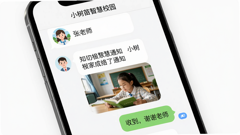 手机端展示“小树苗智慧校园”家校沟通聊天界面,上方显示教师头像和“张老师”,下方有教师发送的通知文字和图片,家长回复“收到,谢谢老师”,每条消息右侧有已读标记。界面白色背景,气泡圆角,布局整齐,风格现代简约,画质干净,无多余元素。