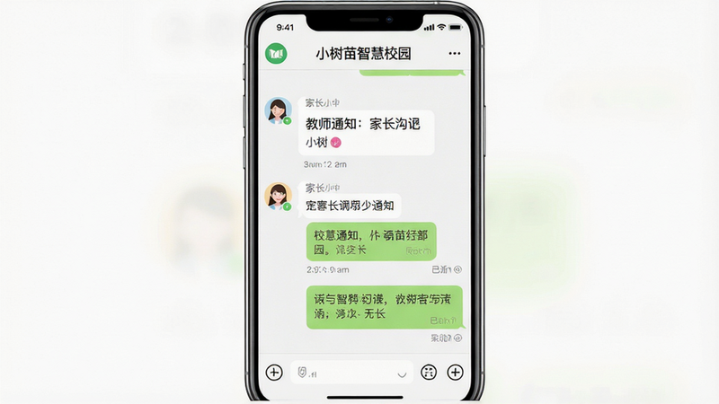 一张手机聊天界面截图,显示“小树苗智慧校园”家校沟通界面,包含教师发送的通知和家长的回复,界面有已读标记,背景为白色,文字清晰,布局简洁,风格现代,画质干净。
