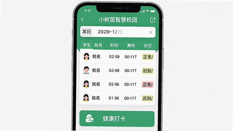 手机屏幕显示“小树苗智慧校园”考勤记录界面,顶部有日期选择,中部列表展示学生姓名、到校时间、离校时间、状态(正常/迟到),下方有健康打卡入口,界面以绿色和白色为主,布局清晰,画质高清,无多余元素。