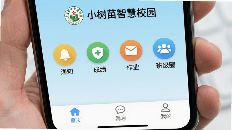 一张智能手机屏幕截图,展示“小树苗智慧校园”APP主界面。顶部有校徽和“小树苗智慧校园”文字标题,中部排列圆形功能图标:通知、考勤、成绩、作业、班级圈,底部导航栏有首页、消息、我的。背景为浅蓝色渐变,界面干净整洁,图标圆角统一,字体清晰,画质高清,无多余元素。