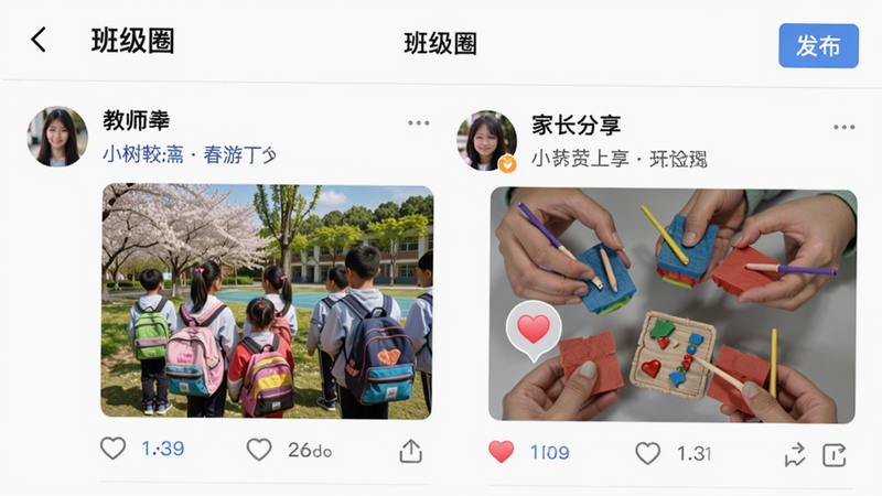 手机截图展示“小树苗智慧校园”班级圈界面,顶部有“班级圈”标题和发布按钮,下方有两条动态:一条是教师发的春游照片集,另一条是家长分享的手工作品,有爱心点赞和评论数字。界面设计类似社交软件,布局整洁,画质清晰。