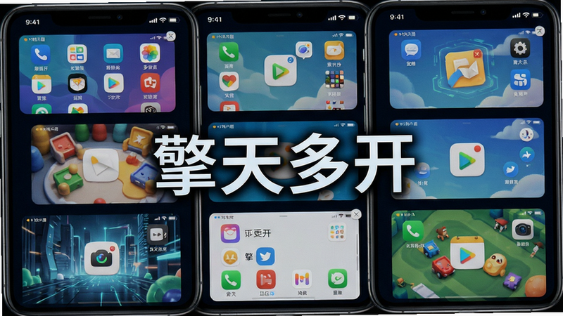 擎天多开界面展示,手机屏幕中整齐排列多个虚拟窗口,每个窗口显示不同应用,布局清晰,风格科技感,细节丰富,色彩明亮,画质干净,文字“擎天多开”