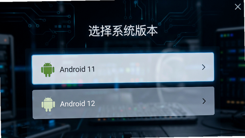 擎天系统设置界面,显示可选择的安卓版本列表,有Android 11、12选项,界面干净整洁,科技感,画质高清,文字“选择系统版本”