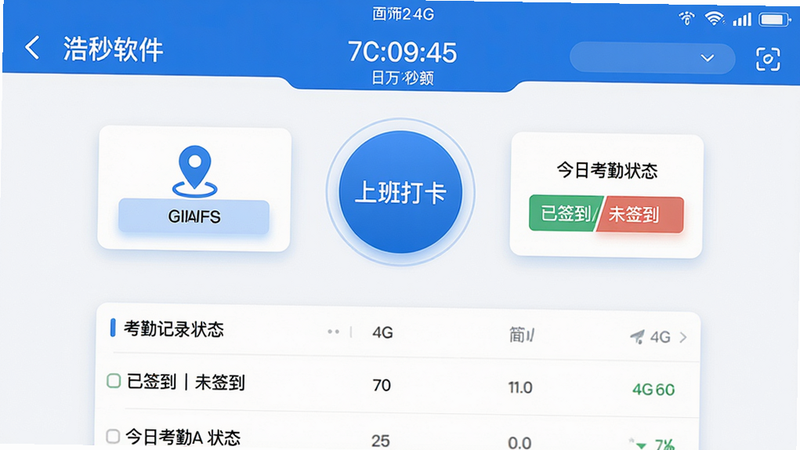 主体:浩秒软件主界面截图,显示考勤打卡页面,包括GPS定位图标、打卡按钮、今日考勤状态(已签到/未签到)等元素;布局:居中显示,上方为时间与日期,中间为圆形打卡按钮,下方为考勤记录列表;排版:采用卡片式设计,按钮带有光影效果,界面色彩以蓝色和白色为主,风格简洁、扁平化、现代感;细节:打卡按钮上有“上班打卡”文字,状态栏显示4G网络和电量;画质:高清、干净、无多余元素,适合做软件预览图