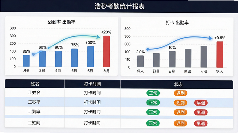 主体:浩秒考勤统计报表界面,包含柱状图显示迟到率、出勤率,下方为表格列出员工姓名、打卡时间、状态;布局:上半部分为图表区域,下半部分为列表,左右对称;排版:使用网格布局,图表带动态效果指示线,表格每行交替背景色(浅白与浅蓝);风格:商务办公风,深色标题栏,白色背景;细节:图表标注百分比数据,表格中有“正常”“迟到”“早退”状态标签,标签颜色分别为绿、橙、红;画质:高清、干净、无多余元素