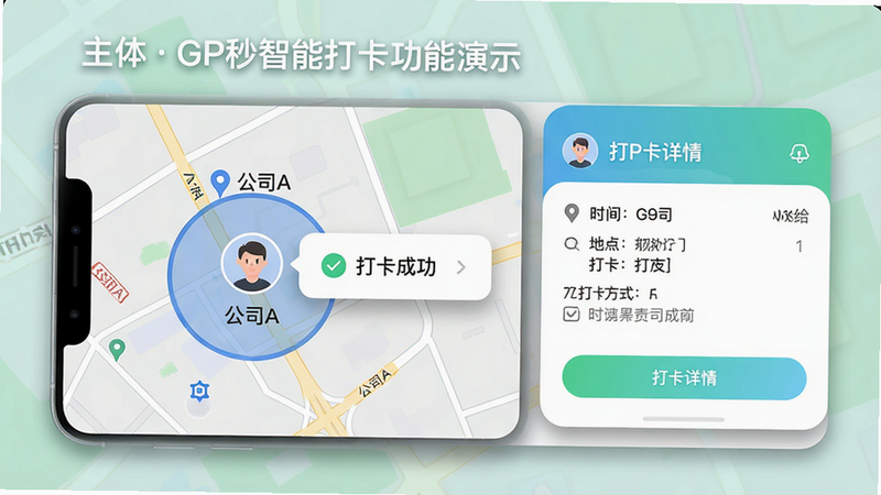 主体:浩秒智能打卡功能演示图,展示手机屏幕上GPS定位打卡界面,地图上显示公司位置圆圈,用户头像位于圆圈内,旁边有“打卡成功”弹窗;布局:左侧为地图视图,右侧为打卡详情卡片,上下排列;排版:地图占画面70%,打卡详情占30%,采用柔和阴影分割;风格:真实手机界面模拟,带圆角边框,色彩清新;细节:地图上标注“公司A”定位点,打卡详情显示时间、地点、打卡方式;画质:高清、干净、无多余元素,适合作为功能配图