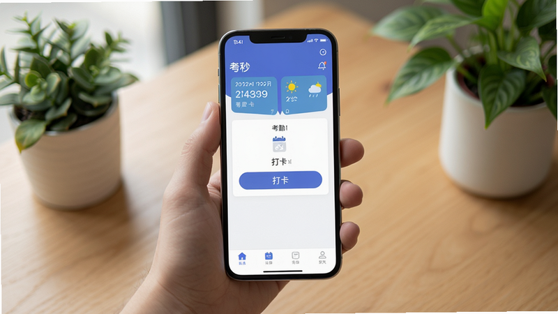 主体:一部手机显示浩秒App首页,界面加载正常,有背景色和图标,没有出现白屏;布局:手机位于画面中央,屏幕朝前,手握着;排版:手机放置于木质桌面,周围有绿植装饰;风格:真实摄影风格,光线柔和;细节:手机屏幕中浩秒App显示“考勤”主页,顶部有日期、天气小部件,中间有打卡按钮;画质:高清、干净、无多余元素