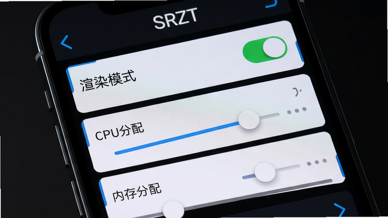 主体:手机屏幕上显示SRZT设置界面,包含“渲染模式”“CPU分配”“内存分配”等选项,布局为列表式,排版清晰,风格简洁科技范,细节:选项开关和滑块,画质高清,背景为深色,干净无多余元素,文字“SRZT”位于顶部。