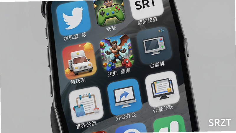 主体:一个手机屏幕上同时运行多个不同风格的应用(如社交、游戏、办公),布局为网格排列,排版整齐,风格写实,细节:每个应用界面清晰可辨,画质细腻,背景为纯色,干净无多余元素,软件名称“SRZT”以水印形式出现在角落。