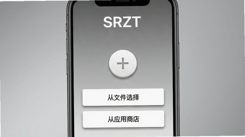 主体:手机屏幕显示SRZT应用添加界面,中央是一个“+”按钮,下方有“从文件选择”和“从应用商店”两个选项,布局居中,风格扁平化,细节:按钮有阴影效果,画质清晰,背景为渐变灰,干净无多余元素,文字“SRZT”在顶部。