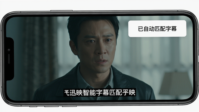 迅映智能字幕匹配界面,手机屏幕显示一部电影画面,底部字幕显示中文字幕,字幕样式为白色带黑边,右上角弹出“已自动匹配字幕”提示框,界面简洁,背景为电影画面,画质清晰,无多余元素。