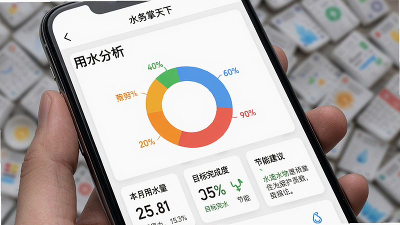 一张手机界面截图显示“水务掌天下”的用水分析页面,顶部有“用水分析”标题,中间是一个环形图显示各时段用水比例,下方有“本月用水量”、“目标完成度”、“节能建议”等卡片,背景白色,图表颜色鲜艳,整体设计现代,画质清晰