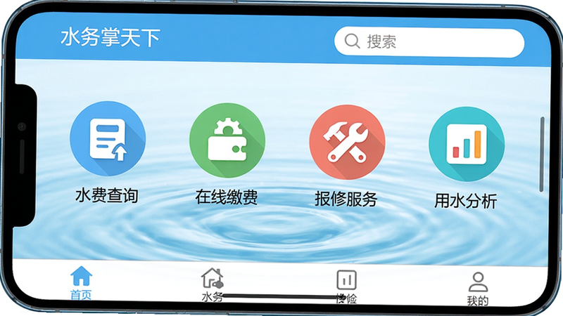 一张智能手机屏幕截图显示“水务掌天下”主界面,顶部有应用名称和搜索框,中部是四个圆形图标分别代表“水费查询”、“在线缴费”、“报修服务”、“用水分析”,底部有导航栏,背景为浅蓝色水波纹图案,整体UI风格简洁现代,图标色彩鲜明,画质清晰,无多余元素