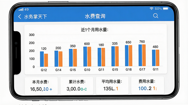 一张手机界面截图显示“水务掌天下”的水费查询页面,顶部有“水费查询”标题,下方是一个柱状图展示近12个月用水量,每个柱子标注数值,图表下方有本月水费、累计水费、平均用水量等数据卡片,背景白色,图表蓝色和橙色搭配,页面干净整洁,画质高清