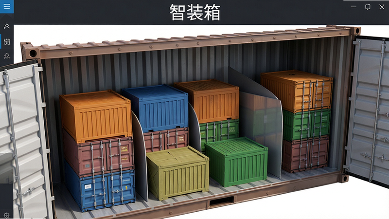 主体:智装箱软件主界面展示3D排柜效果,一个打开的集装箱内部整齐摆放着不同颜色的货物箱,透视布局显示货物间距与堆叠规则,风格写实,细节包含货物纹理与集装箱金属质感,画质高清干净,无多余元素,顶部居中显示软件名称“智装箱”字样。