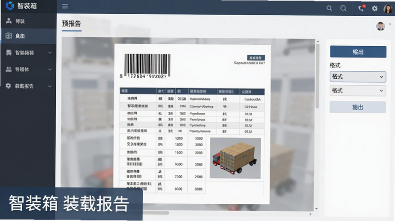 主体:智装箱软件导出报告界面,屏幕中央显示一份装载报告预览,包含条形码、表格数据与3D缩略图,布局简洁,商务风格,细节有导出按钮与格式选择,画质清晰,左下角标注“智装箱 装载报告”。