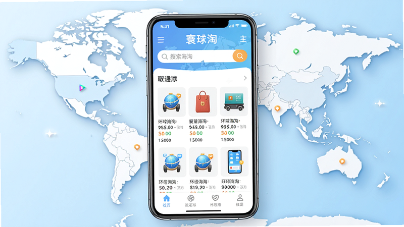 主体:一部智能手机屏幕显示寰球淘企业通主界面,背景是世界地图,布局:手机居中,界面清晰展示商品列表、搜索框和导航栏,排版:疏落有致,风格:现代简约,明亮色调,细节:界面图标精致,带有'环球海淘'字样,画质:高清,干净无多余元素