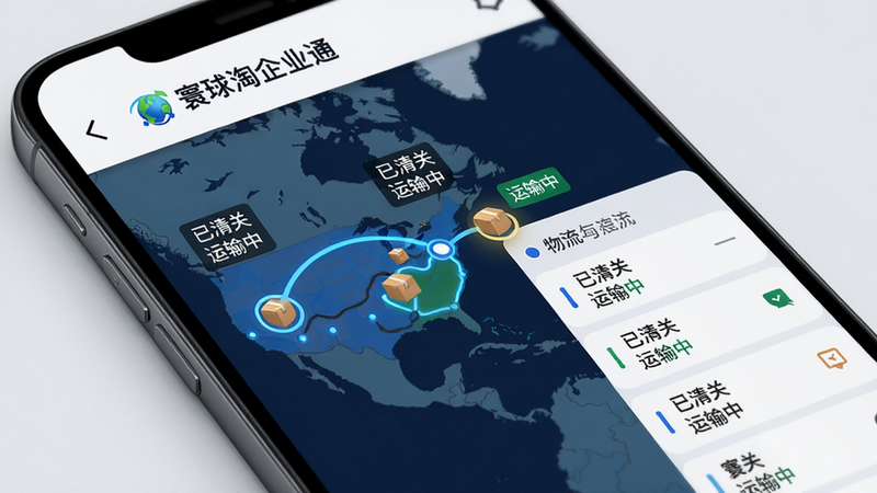 主体:手机显示物流追踪界面,布局:地图上显示包裹从美国到中国的路线,节点标记,排版:地图+列表,风格:现代科技感,细节:标注'已清关''运输中'等状态,顶部有'寰球淘企业通'logo,画质:高清,干净