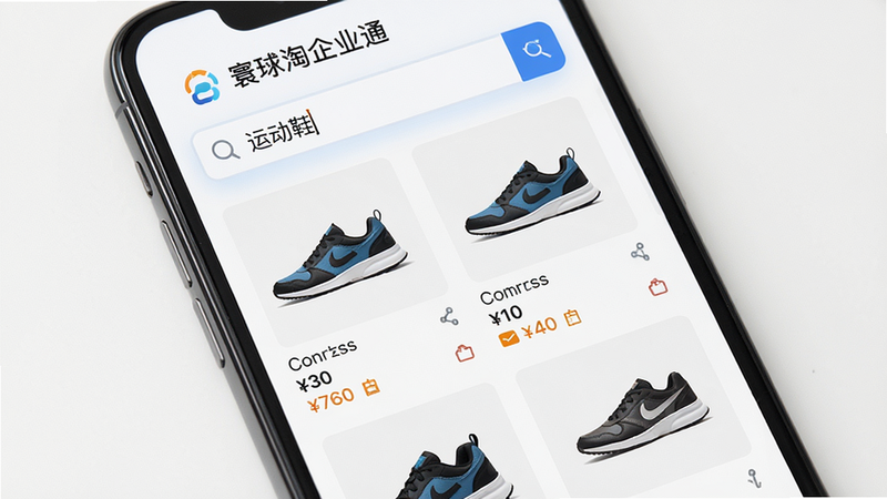 主体:手机屏幕显示搜索'运动鞋'结果,布局:搜索结果列表,包含商品图片、价格和店铺名,排版:网格状,风格:清晰简洁,细节:搜索框内文字'运动鞋',顶部有'寰球淘企业通'字样,画质:高清,干净无多余元素