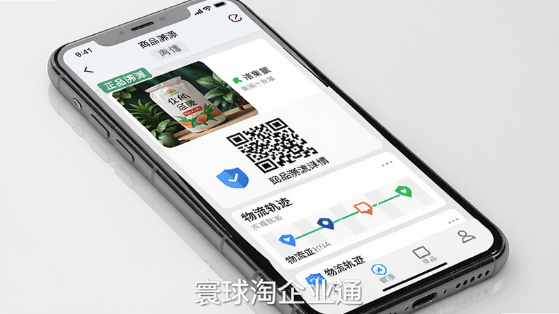 主体:手机显示商品溯源详情页面,布局:页面从上到下展示商品图片、二维码、物流轨迹,排版:信息流形式,风格:专业可靠,细节:有'正品溯源'标签,蓝色盾牌图标,底部有'寰球淘企业通'水印,画质:高清,干净