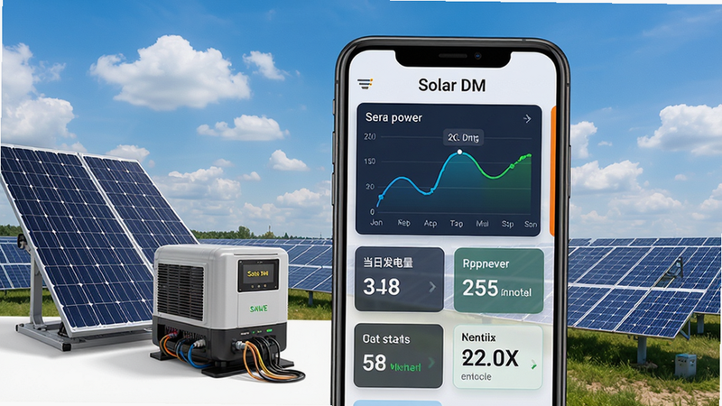 主体:Solar DM主界面展示,左侧为太阳能电池板与逆变器设备,右侧为手机屏幕界面,界面显示发电功率曲线、当日发电量、系统状态等数据,布局:手机居中,背景为蓝天白云与光伏电站实景,排版:手机界面清晰显示“Solar DM”LOGO与数据卡片,风格:写实科技风,细节:手机屏幕上的数据图表有动态线条,画质:4K高清,干净,无多余元素。