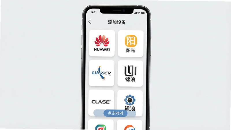 主体:手机界面显示“添加设备”向导页面,列表中有多个逆变器品牌LOGO(华为、阳光、锦浪等),布局:手机竖屏居中,背景为简洁的浅灰色,排版:每个品牌以卡片形式排列,点击后进入配对界面,风格:扁平化UI,细节:卡片有圆角阴影,品牌LOGO清晰,画质:干净,无多余元素。