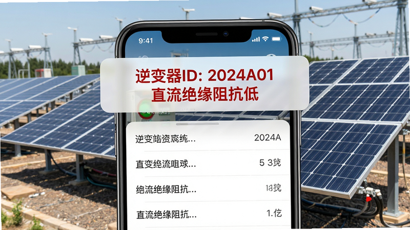 主体:手机屏幕弹出预警通知横幅,显示“逆变器ID: 2024A01 直流绝缘阻抗低”,背景为电站实景照片,布局:通知横幅位于屏幕顶部,下方为设备详情列表,排版:通知内容红色加粗,风格:写实+UI叠加,细节:背景照片中有太阳能板阵列,画质:干净。