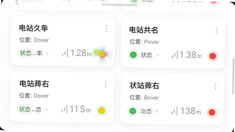 主体:手机界面显示电站列表,每个电站卡片包含名称、位置、功率、状态(绿色/黄色/红色圆点),布局:竖屏滑动列表,背景为白色,排版:卡片左右排列两列,风格:卡片式UI,细节:状态圆点动态闪烁,画质:干净。