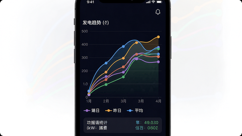 主体:手机屏幕显示发电趋势折线图,横轴为时间,纵轴为功率(kW),图表中有多条不同颜色的曲线分别代表当日、昨日、平均,布局:手机竖屏,背景为深色夜间模式,排版:图表下方有图例和统计摘要,风格:数据可视化,细节:曲线平滑,节点有圆点标记,画质:干净清晰。